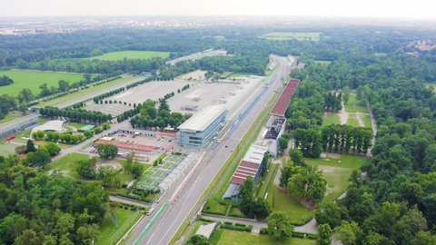 Monza, Italy - July 6, 2019: Autodromo Nazionale Monza is a race track near the city of Monza in Italy, north of Milan. Venue of the Formula 1 Grand Prix. From the air, Aerial View Hyperlapse