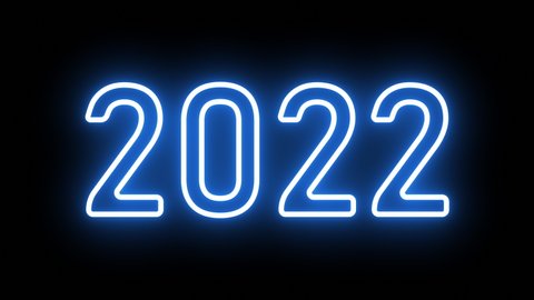 Neon animation of the numbers 2022 on a black background. New Year 2022.