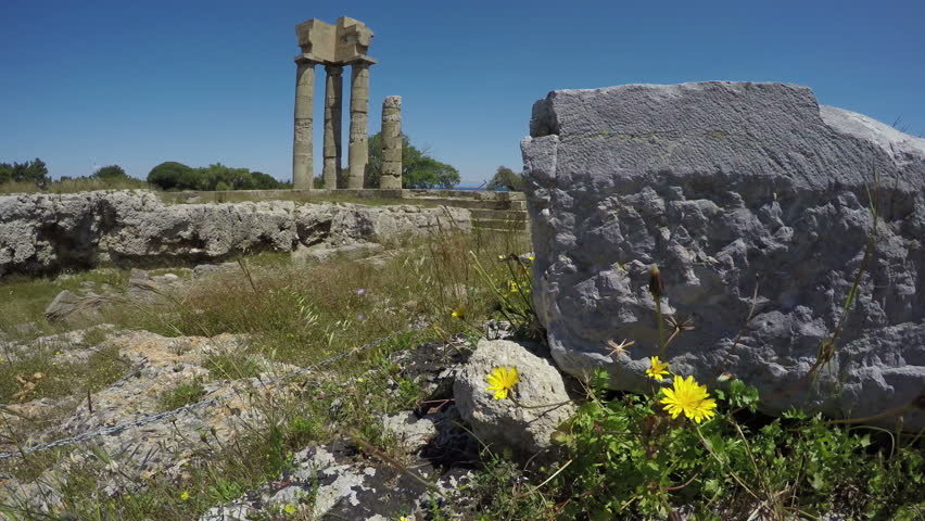 historical Apollo temple ruins columns in acropolis, Rhodes, Greece. 4K