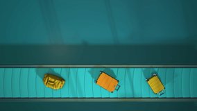 Luggages Moving On Airport Conveyor Belt Overhead View Loopable. realistic 3d animation. Suitcases of jrange and yellow colors. Light floor. Blue Minimalism. horizontally