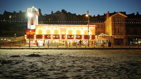 SCARBOROUGH, circa 2021 - Scarborough beach during night time in North Yorkshire, England, UK, the largest holiday resort on the Yorkshire Coast
