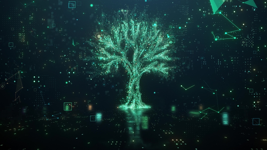 Digital Tree. Digital GPU. Information flow. Processing information. AI network technology or Green and Renewable energy concept. 3d animation background