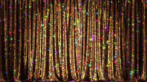 Realistic 3D animation of the stylish and fancy golden metallic shining colorful sequin stage curtain rendered in UHD with alpha matte