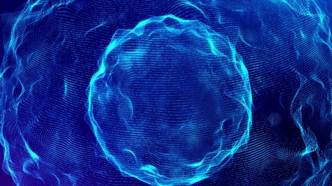 3d looped bg sci-fi background digital space with hologram spheres. Blue high tech field with glow particles form lines and waves on spherical surface. Hi-tech bg. DOF