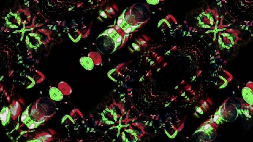 the moving image repeats the patterns of the kaleidoscope. color-changing elements of the mouth and glasses on a dark background