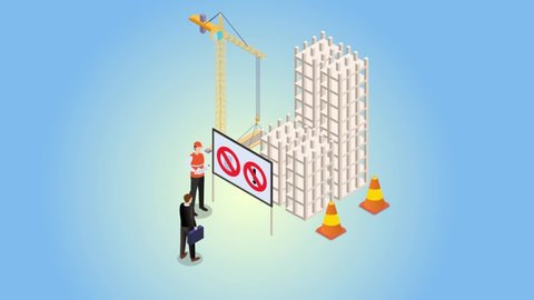 Two workers animation standing in construction site with Illegal buildings symbol on the signboard. Cartoon in 4k resolution