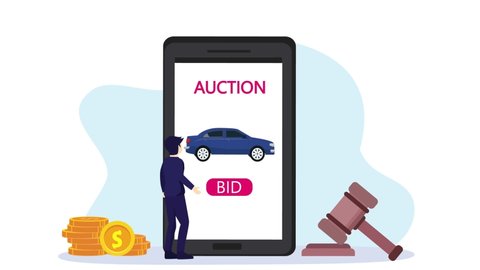 Young man animation doing car auction while giving bid on auctioneer at mobile phone apps. Cartoon in 4k resolution