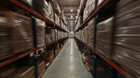 Fast drone FPV flight in logistic center. Speed motion view of industrial storage with racks full of delivery goods. Retail warehouse. - Powered by Shutterstock - Get 15% off with code: PIKWIZARD15
