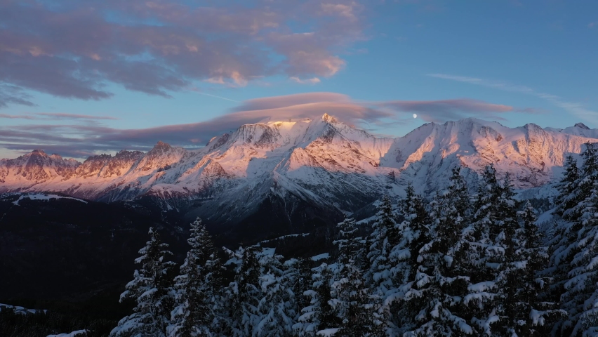 Aerial view by drone of the Mont Blanc Massif from the ski resort of Saint Gervais Mont Blanc, Megève, France Royalty-Free Stock Footage #1083431398