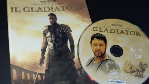 Rome, Italy - December 01, 2021, detail of the cover and dvd of the film The Gladiator, a colossal 2000 film directed by Ridley Scott, starring Russell Crowe.