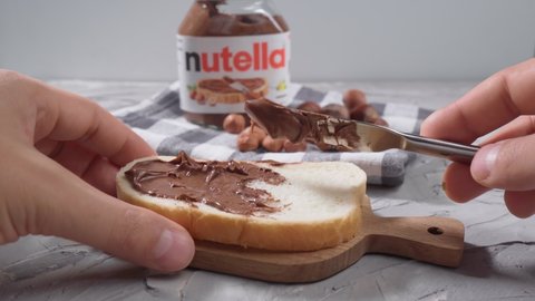 Tyumen, Russia-October 15, 2021: Nutella close up is the brand name of a chocolate hazelnut. Italian company Ferrero