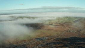 aerial view of foggy winter countryside morning, Northern Ireland 