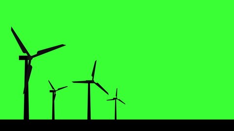 4K Silhouette wind turbines collection isolated on green chroma key background. Vector Silhouette Style Wind Turbine Towers icons. Alternative Energy. Windmill Energy Power industrial animation icons.