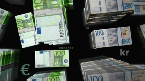 Euro and Swedish Krona money exchange. Paper banknotes pack bundle. Concept of trade, economy, competition, crisis, conflict, rivalry and finance. Notes loopable seamless 3d animation.