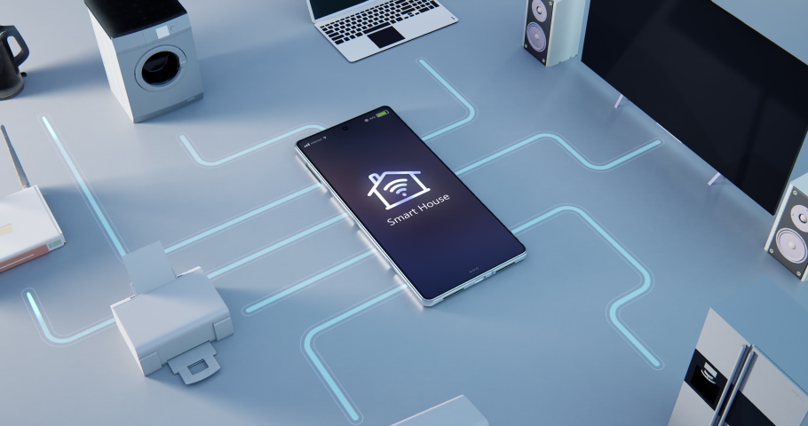 From above smartphone connected with various modern devices and appliances as part of smart house on gray background Royalty-Free Stock Footage #1083436711