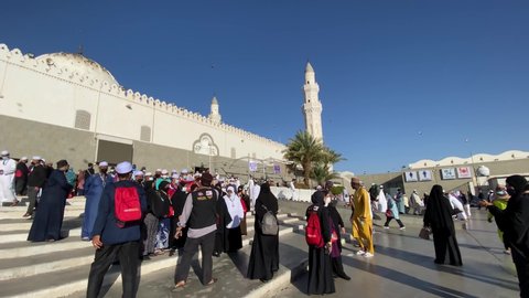 Madinah, Saudi Arabia - November 25, 2021 : View of Quba Mosque or Masjid Kuba in Medina. Muslim pilgrims visiting Quba Mosque during hajj or umrah season