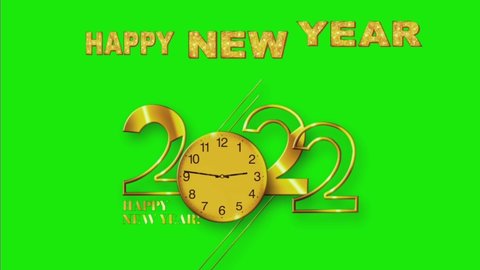 Green screen background of beautiful golden colour new year 2022 texts design. Clock in place of zero in 2022 and squishing words "Happy New Year".