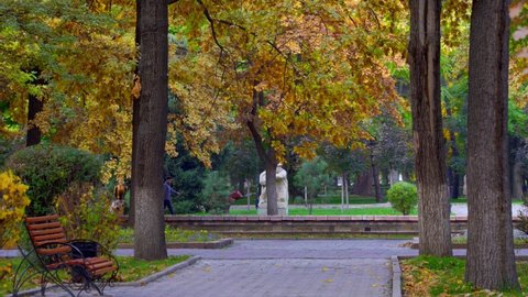 Bishkek, Kyrgyzstan - October 2021: Park with yellow and green leaves in autumn