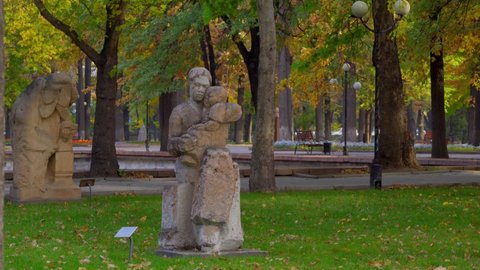 Bishkek, Kyrgyzstan - October 2021: A monument of mother with her baby in park