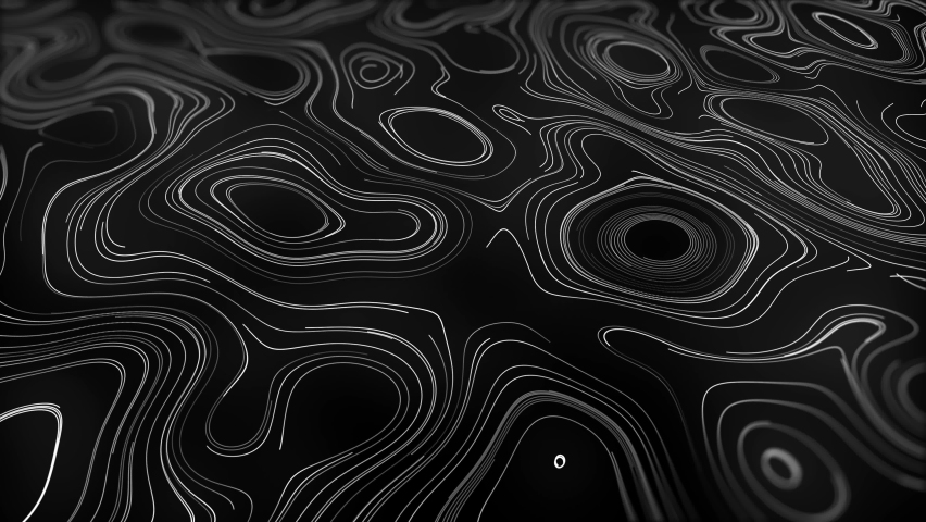 White outline topographic contour map abstract tech motion graphic design.  Geometric background. Video animation Ultra HD 4K 3840x2160. Moving waves  on black background. Stock Illustration