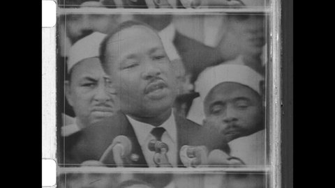 August 28, 1963. Washington, DC. 'I Have a Dream Speech' delivered by Martin Luther King Jr. on the steps in front of the Lincoln memorial. 4K Overscan of Vintage  Archival Newsreel