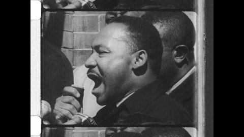 March 9th,1966. Selma, AL. Dr. Martin Luther King, Jr. gives speech to Nonviolent Demonstrators before the Selma to Montgomery March. 4K Overscan of Vintage Archival Newsreel 16mm Film Print