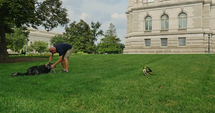 A man plays with his dog on the lawn of the Library of Congress in the Capitol Hill district of Washington, D.C.