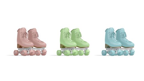 Blank colored roller skates with wheels mockup pair, looped rotation, 3d rendering. Empty pink, green and blue rollerskating shoes mock up, isolated on white background. Clear jam skate quad template.