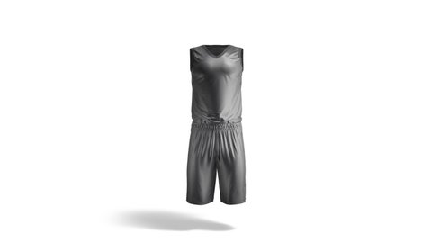 Blank black basketball uniform mock up, looped rotation, 3d rendering. Empty sporty nylon tracksuit with sleeveless tshirt and pants mock up, isolated on white background. Clear play-suit template.