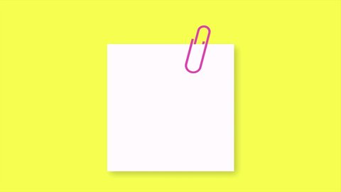 Animated yellow note paper with paperclip. Notepaper sticker with paperclip for reminder in school, office and home. Template for memo. 4K video motion graphic