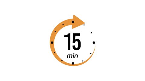 15 minutes timer symbol color style isolated on white background. 15 min time circle icon. Animation timer icon with fifteen min. Clock, stopwatch, cooking time label. Motion