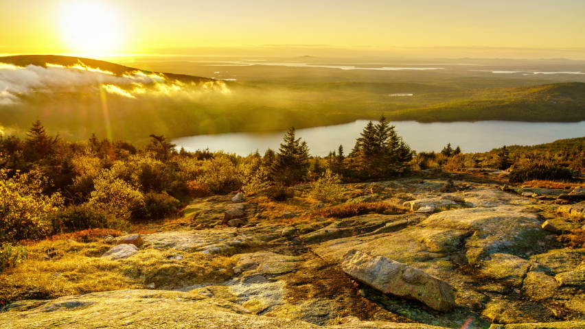 Time lapse of scenic sunset in Acadia National Park as seen from the top of Cadillac Mountain