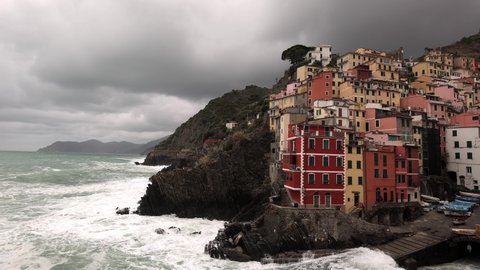 Village of Riomaggiore in Cinque Terre at the Italian coast - CINQUE TERRE, ITALY - NOVEMBER 27, 2021 - video clip