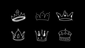  Set of white line King crowns icon isolated on black background. 4K Video motion graphic animation.
