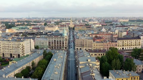 Russia, St. Petersburg, summer 2021: St. Petersburg city street, establishing shot of recognizible architecture, aerial view, fly over the street
