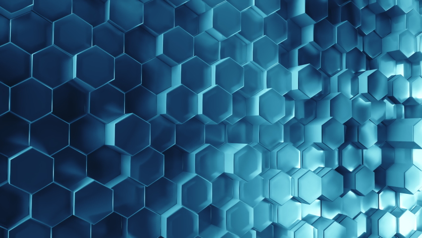 Abstract metallic dark and light blue hexagon Background. Hexagonal pattern wall. 3D rendering. Projection Mapping element with moving polygonal surface. 4k Seamless loop