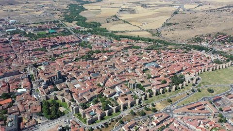 General aerial view of Spanish fortified city of Avila in sunny summer day. High quality 4k footage