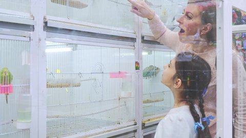 Mother with her daughter choosing new pet in shop standing near cages with birds