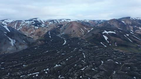 Aerial view of lava formations of eruption of Eyjafjallajokull glacier and volcano in Thorsmork highlands of Iceland. The volcano in the southern end of the famous Laugavegur hiking trail