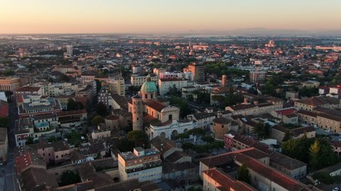 aerial view drone of ravenna city cathedral at sunrise orbit shot