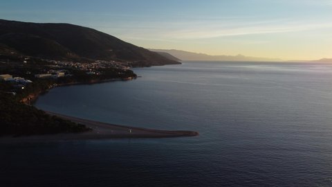 Aerial morning drone view of Zlatni Rat cape on Brac island in Croatia. Magical and beautiful peninsula, famous on croatian coast.