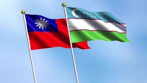 Taiwan, Uzbekistan, 3D national flags of Taiwan and Uzbekistan waving in the wind on sky background.