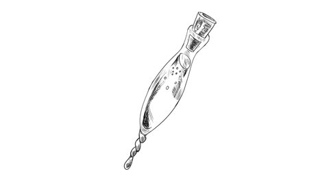 Self-drawing sketch of a small crystal vial with liquid. Emerging tube with balms drawn with strokes. 4k animation of the Luck potion with an alpha channel.