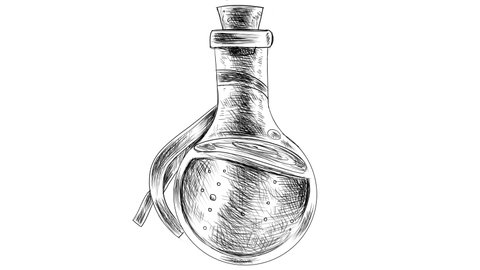 Self-drawing sketch with a potion on a white background. Animation of creating a detailed bottle of liquid. Video of a magic vessel with a drink. 4K stock video potion with alpha channel.