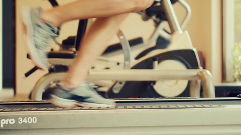 Cardio Run Workout. Sportsman Jogging Treadmill Running. Fit Athletes Legs Fitness Training In Gym. Marathon Runner In Fitness Center Run Machine In Private Gym. Man Legs Treadmill Running In Home