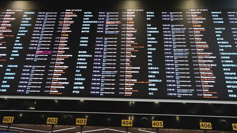 European international airport modern flights checking board at lounge for passenger, tourists and travelers to find and wait for their airplane. Arrival, boarding, departure information at terminal.