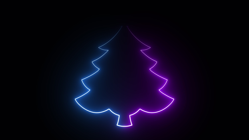 4K Neon Christmas Tree on Black Background. Neon illuminated Christmas abstract loop background. New year and Holiday modern  celebration card template. Neon glowing lights rotating loop design.