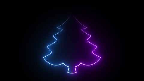 4K Neon Christmas Tree on Black Background. Neon illuminated Christmas abstract loop background. New year and Holiday modern  celebration card template. Neon glowing lights rotating loop design.