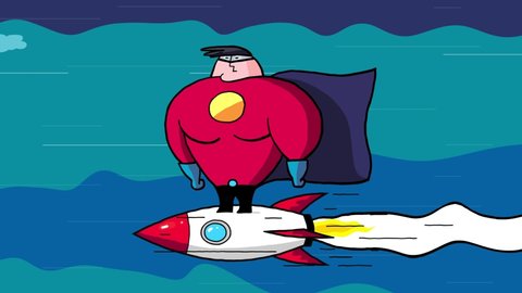 Cartoon superhero flying on the rocket. Strong character feels the power. He is very proud of himself. Everyone can be a hero. Success.
