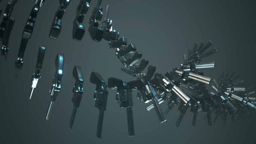 A dense arc of 3D-rendered pistols, revolvers and rifles rotates in a sweeping vortex against a dark grey gradient void. Brief orange muzzle flashes ignite at scattered barrels as the metallic cluster shifts and expands through the sequence.